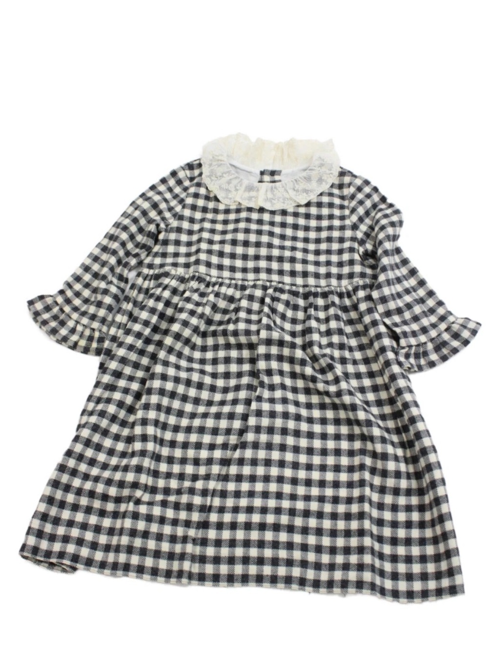 Bonpoint Girls Gingham Lace Collar Long Sleeve Shift Dress Black Size 4